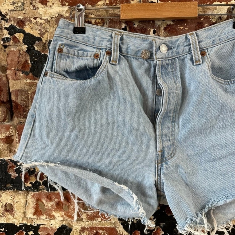 Levi's 501 Cut Off Denim Blue Jean Shorts Womens 34 Distressed - 32x3.5" - Picture 2 of 9